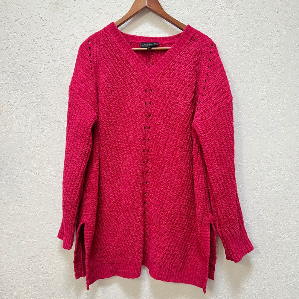 Lane Bryant Womens 14/16 Pink Chenille V-Neck Tunic Sweater Textured Pointelle